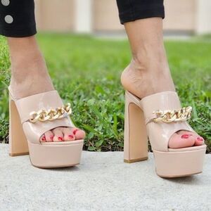 Women's Platform Heeled Mule Open Loafers Nude Color Patent